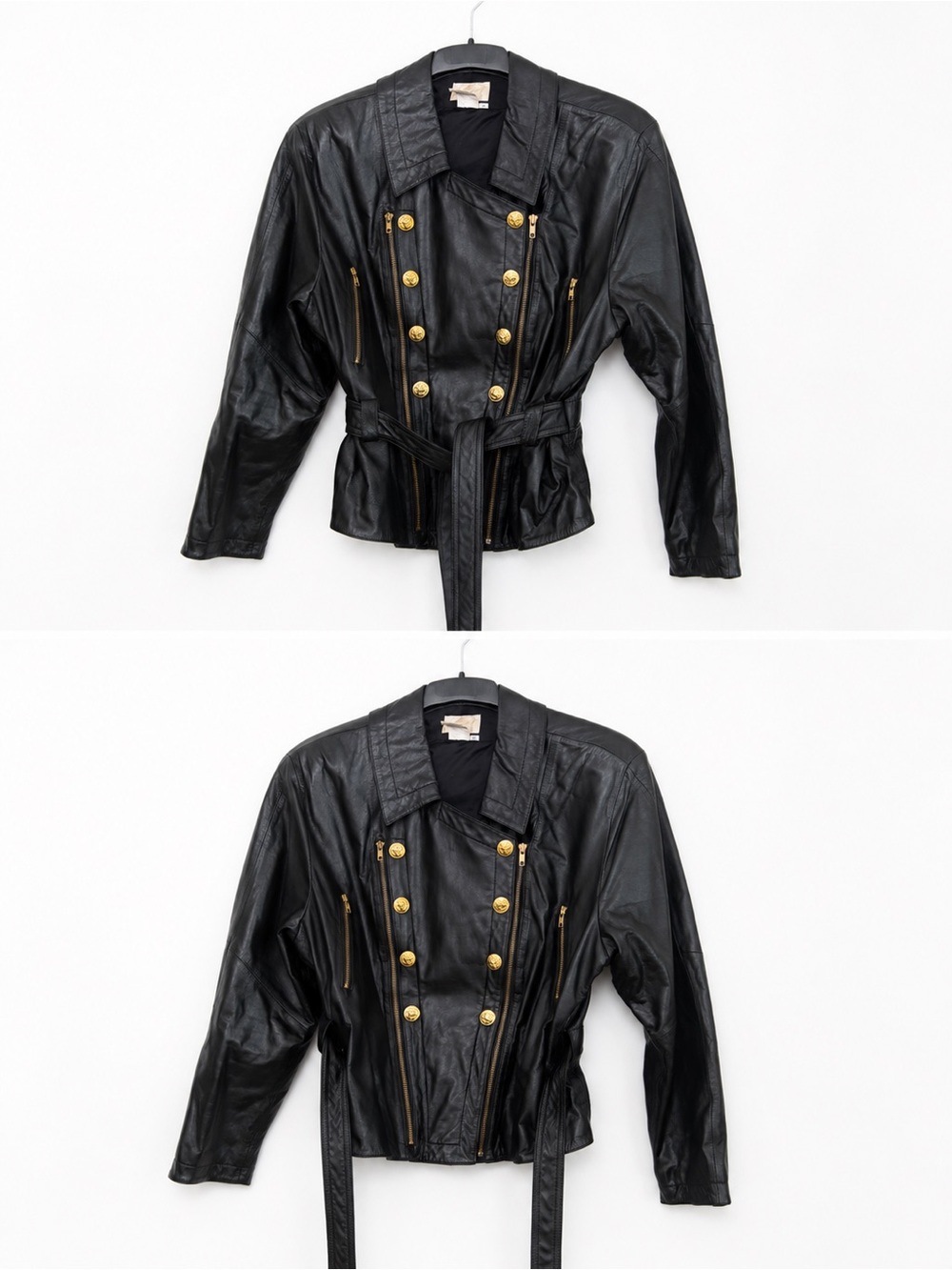 Women's Black Leather Military-Style Jacket with Gold Buttons